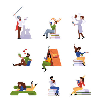 People reading. Rest lazy time with paper books smart people at home or in library reading books garish vector concept picture of hobby or lifestyle