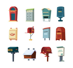 Mailboxes. Post box for correspond letters delivery individual numeric containers for receiving correspondence garish vector illustrations