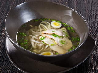 chicken noodle soup with parsley and egg in a bowl on dark background