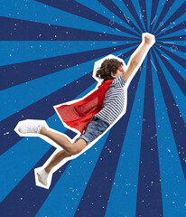 Contemporary art collage of little boy wearing red cloak and flying like superman isolated over blue background