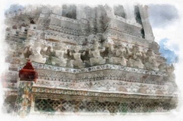 Ancient statues and motifs in Wat Arun in Bangkokwatercolor style illustration impressionist painting.