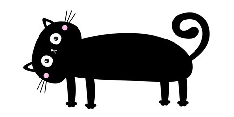 Funny cat. Cute kawaii cartoon baby pet character. Long body. Black kitten head face looking up. Happy Halloween. Greeting card print. Flat design. White background. Isolated.