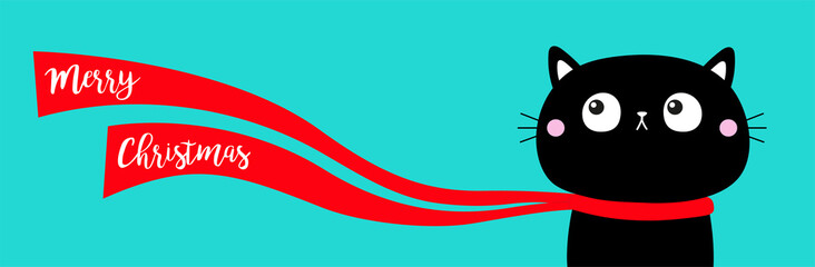 Merry Christmas. Cute black cat kitten head face looks up. Red long scarf waving wind. Xmas Greeting card. Cartoon kawaii character. Pet baby collection. Flat design. Isolated. Blue background.