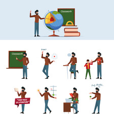 Teacher character. Profession man study on lecture standing near flipchart garish vector male teacher with various gestures