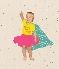 Contemporary art collage of little baby, boy in character of superman weaaring cloak isolated over beige background
