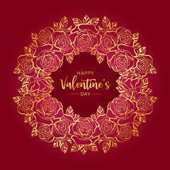 Obraz na płótnie Canvas Happy valentine's day text in gold line rose blossom wreath on red pink background vector design