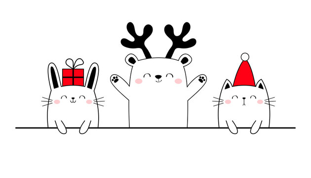Cat bear bunny. Merry Christmas Happy New Year. Red Santa hat, deer horns. Cute funny kawaii doodle animal set. Line kitten kitty rabbit. Cartoon funny baby pet. Flat design. White background