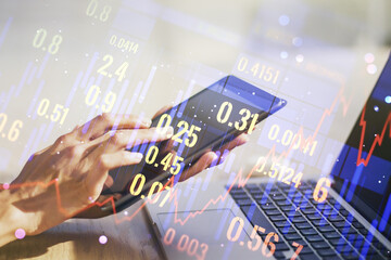 Multi exposure of abstract creative financial graph with finger presses on a digital tablet on background, forex and investment concept