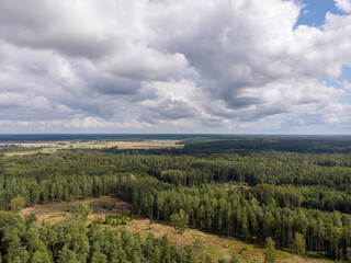 Areal drone photography view of beautiful countryside forest.