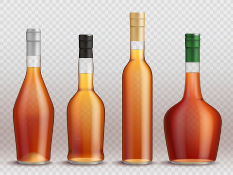 Cognac bottles. Realistic transparent containers for liquid alcohol drinks liquor whiskey brandy tequila wine for irish party pub decent vector set