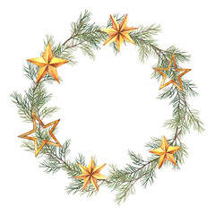 Watercolor Christmas wreath of spruce branches and golden stars