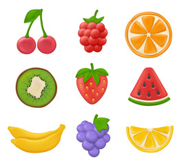 Plasticine fruits. Exotic plants healthy fresh products delicious foods strawberry orange cherry decent vector stylized illustration set