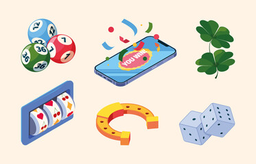 Lottery isometric. Big fortune prize chance win gaming slots bingo money lottery casino players garish vector set
