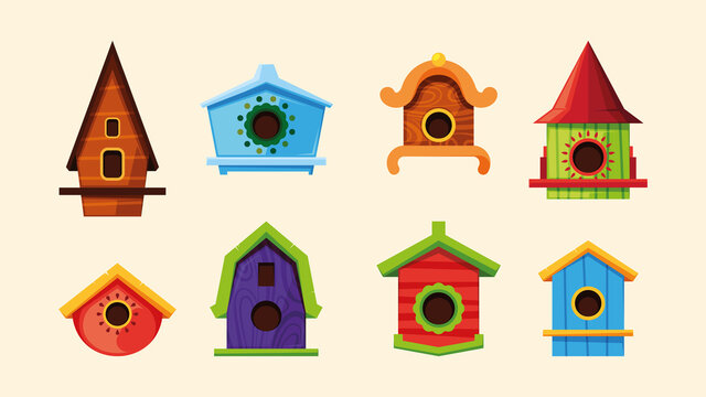 Birds house. Wooden garden home with decorative fence for flying birds garish vector cute houses colored illustrations