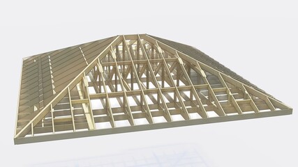 the frame of the hip roof truss system with trusses is a photorealistic drawing on a white background