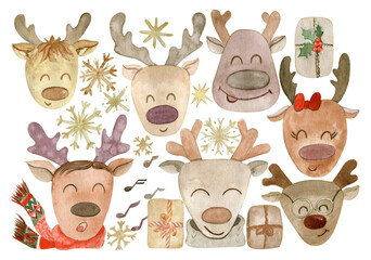 Deer heads and snowflakes. Watercolor illustration