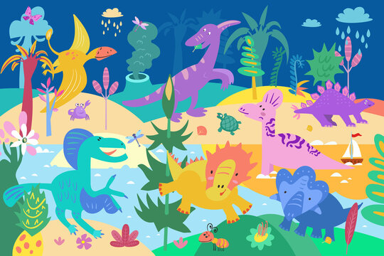 Dinosaur in Jurassic park. Vector color illustration. Background for puzzles, posters, wallpapers, picture for children's games (for example, count the dinosaurs).