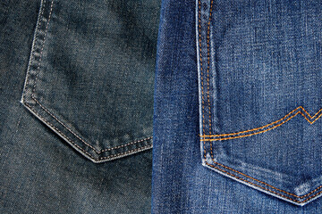 Two different indigo jeans with back pockets. Clothes shop backgrounds