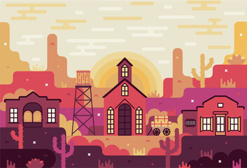 Old western town in flat game stile. Vector cartoon illustration