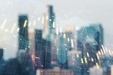 Obraz premium Double exposure of abstract creative financial diagram and world map on blurry office buildings background, banking and accounting concept