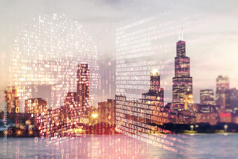Poster abstract virtual code skull hologram on chicago cityscape background, cybercrime and hacking concept