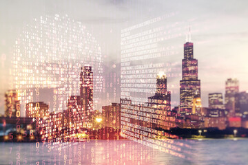 Abstract virtual code skull hologram on Chicago cityscape background, cybercrime and hacking concept. Multiexposure