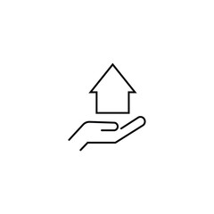 Fototapeta na wymiar Property and mortgage concept. Vector outline sign, thin line. Perfect for advertising, web sites, online shops and stores. Line icon of private house over outstretched hand of faceless person