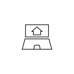 Property and mortgage concept. Vector outline sign, thin line. Perfect for advertising, web sites, online shops and stores. Line icon of house on monitor of modern laptop