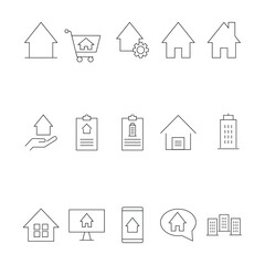 Fototapeta premium Real estate and mortgage concept. Collection of vector outline symbols for advertising, promotion, stores, banners. Line icons of house, apartment building, mortgage, property