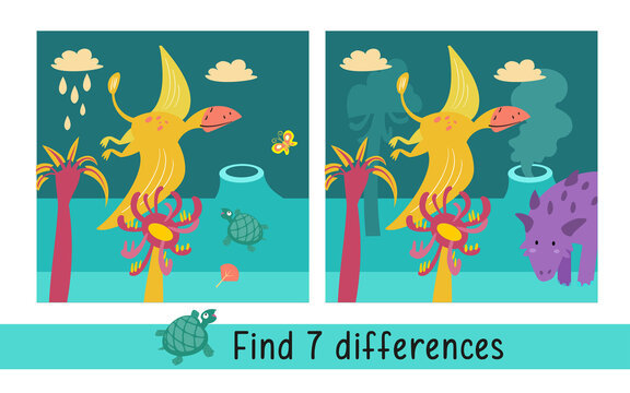 Cute dinosaur in Jurassic park. Find 7 differences. Game for kids. Activity hand drawn colored characters vector illustration.