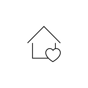 Property and mortgage concept. Vector outline sign, thin line. Perfect for advertising, web sites, online shops and stores. Line icon of heart next to house as symbol of family and love