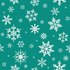 Winter seamless pattern with flat white snowflakes on aquamarine blue background