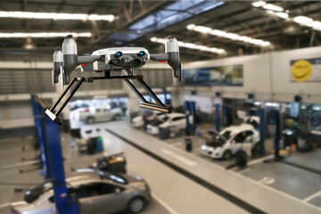 Drone with car production processing service in factory robot hi tech robotic AI control arm hand...