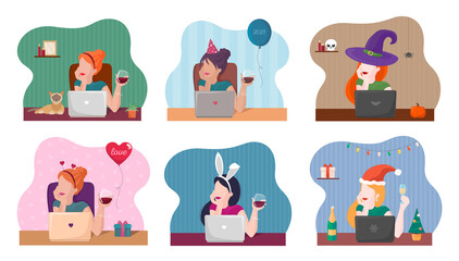 Vector illustration set woman's sitting by a laptop with a glass of wine. Flat concept with candles, balloon, cat and bunny ears, new year