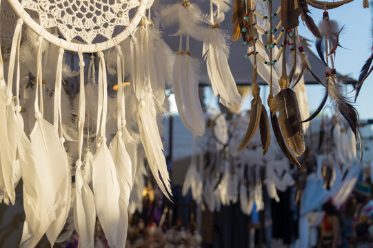 Amulet called dreamcatcher in a famous hippie market called Las Dalias in Sant Carles de Peralta in Ibiza (Balearic Islands, Spain). Handmade amulet  from the Native American Ojibwa Nation.