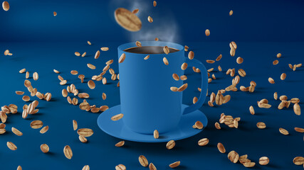 Fototapeta na wymiar Blue coffee mug mockup with beans on a blue background. Coffee beans