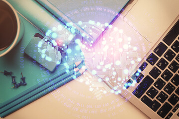Multi exposure of brain sketch hologram over topview work table background with computer. Concept of big data.