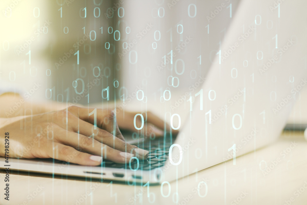 Poster creative abstract binary code hologram and hands typing on computer keyboard on background, ai and m