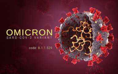 Omicron coronavirus variant Sars ncov 2 2021 2022. Omicron B.1.1.529 Strain. South Africa Coronavirus variant. 3D illustration 