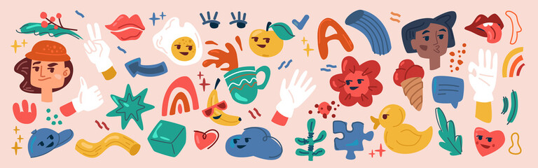 Funny doodles and characters, gestures and objects in abstract style. Apple and banana in sunglasses, foliage and flowers, duck toy and cup with spilled coffee. Modern stickers or postcards decor