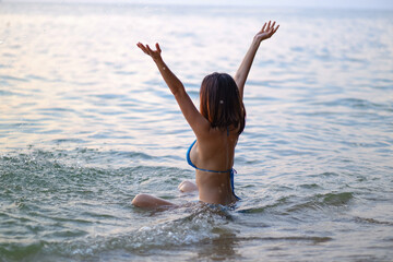 portrait asia woman sexy bikini in seaside happy life on summer season
