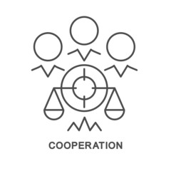 Icon – cooperation. Equal cooperation, common goal, finding balanced decisions and reaching agreement. The thin contour lines.