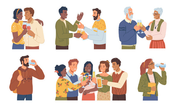 Couple drinking wine, friends meeting with beer. Vector characters with cocktails celebrating and cheering. Senior personages with champagne. Student with bottle of water rehydrating organism