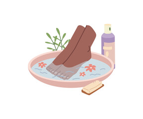 Procedures and treatment in spa salon, isolated bowl with water and flowers in bloom fresh botany. Vector massage or aromatherapy with lotion and brush for feet. Relaxation for legs and toenails