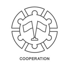 Icon – cooperation. Flags and puzzles are a symbol of reaching agreement and cooperation between the parties. The thin contour lines.