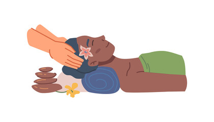 Aromatherapy and massage in spa salon, professional care and service. Using hot stones and fragrance of tropical flowers for relaxation and rest. Tranquil healthcare therapy for female character