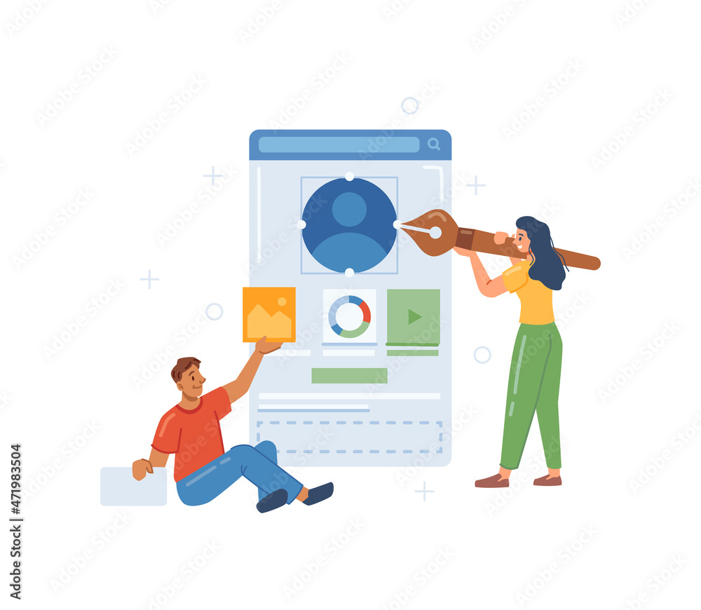 Aufkleber Team of web designers and programmers working on user interface look. Vector team with tools changing profile or account in social media. Avatar and pictures, feed and video content on pages
