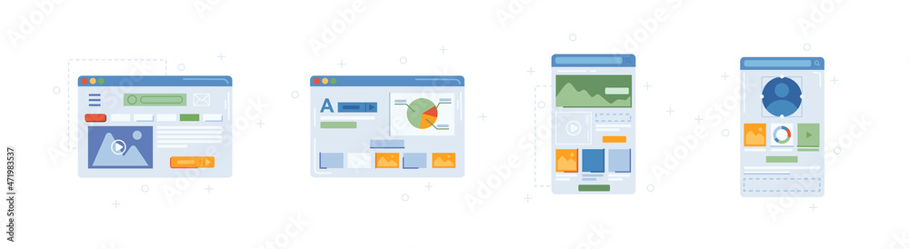 Poster Desktop and mobile UX interface of application or website. Vector in flat, online pages or social media with news feed, content and graphics. Account with avatar and info, graphics and buttons