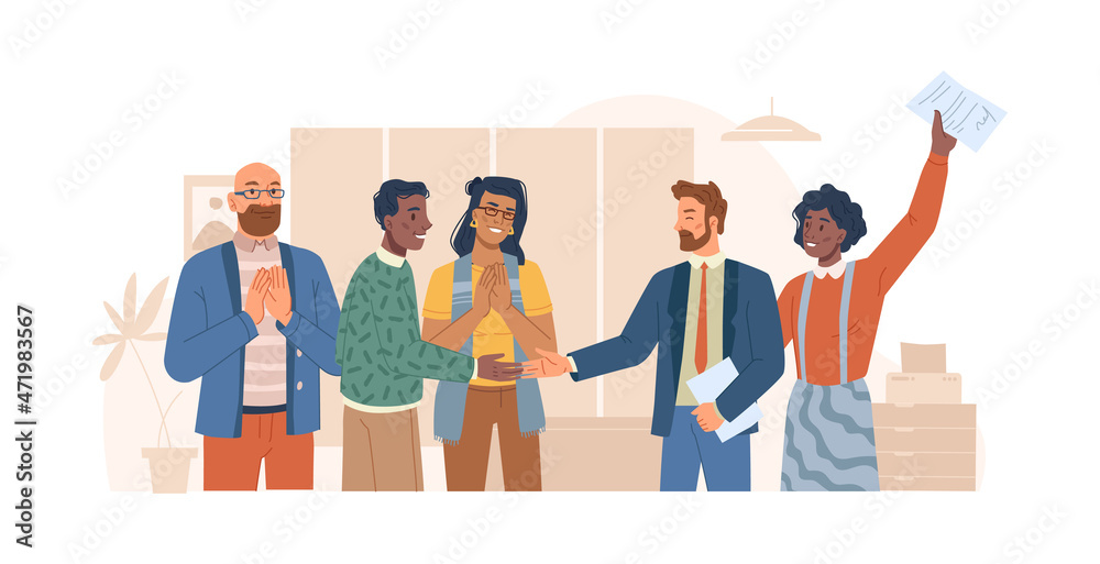 Aufkleber Office workers with documents or paperwork cheering and applauding. Vector promotion of employee or successful project completion. Business development and improvement of company relationship