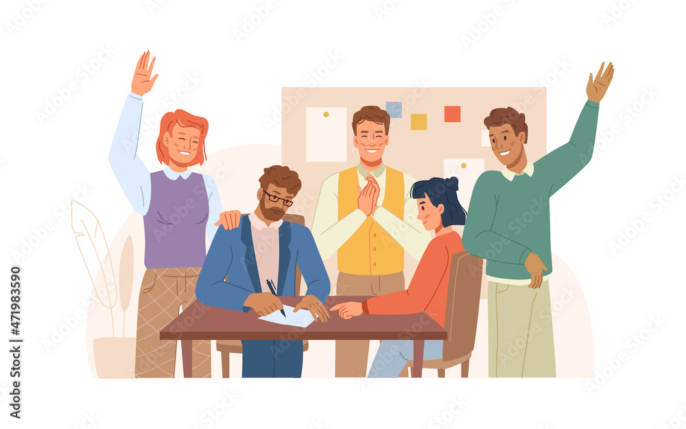 Poster boss or director signing document or agreement, team cheering and applauding. vector office and happ